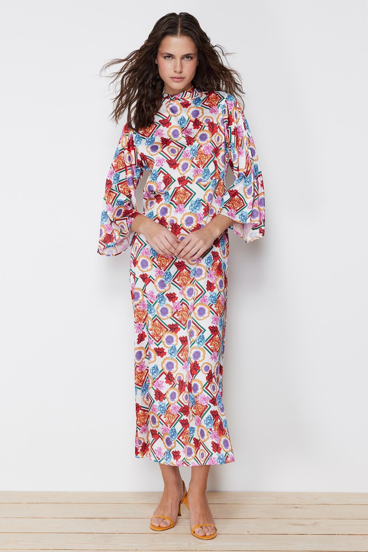 Multicolour Floral Patterned Satin Woven Dress, C101_1704, large image number 2