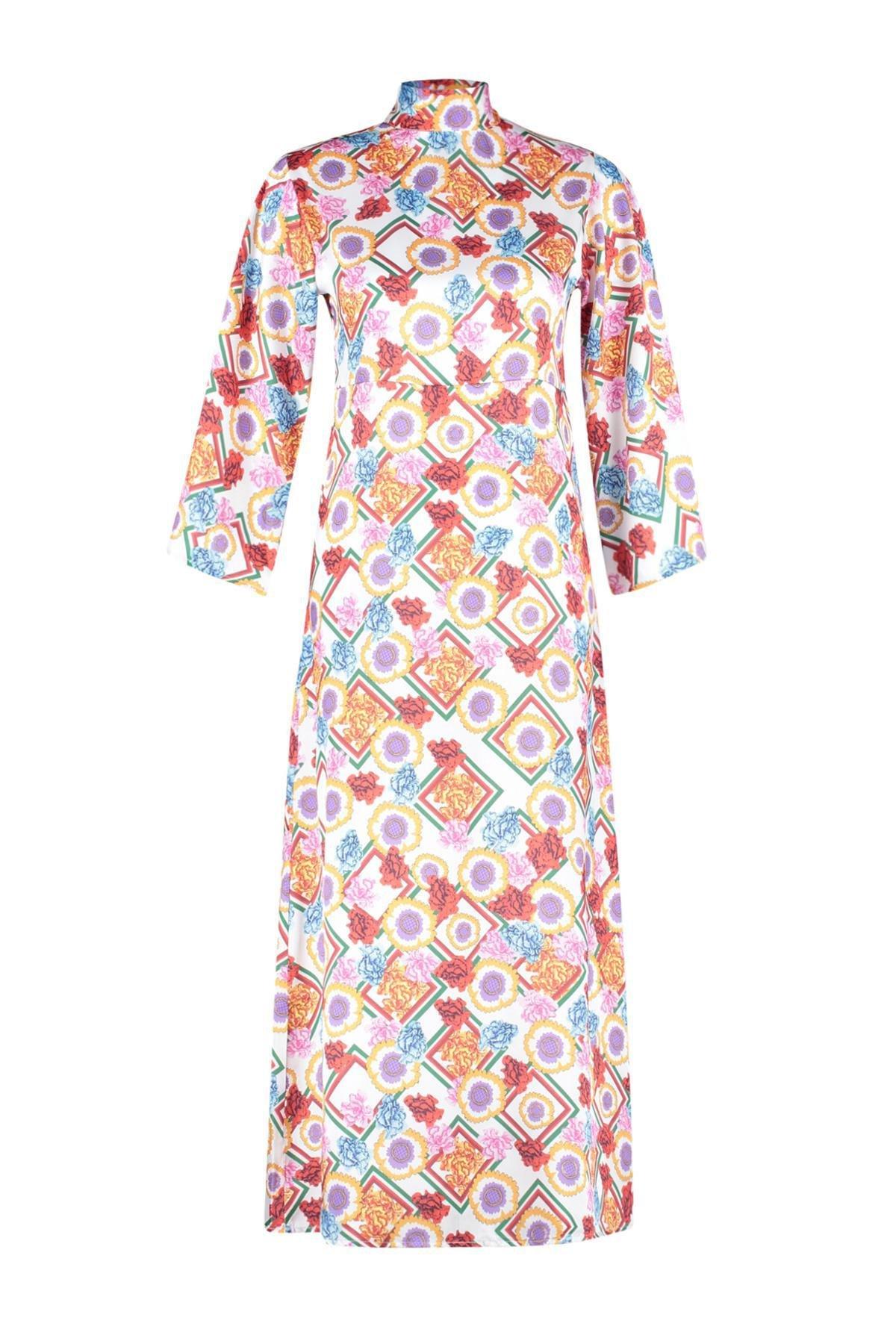Multicolour Floral Patterned Satin Woven Dress, C101_1704, large image number 5