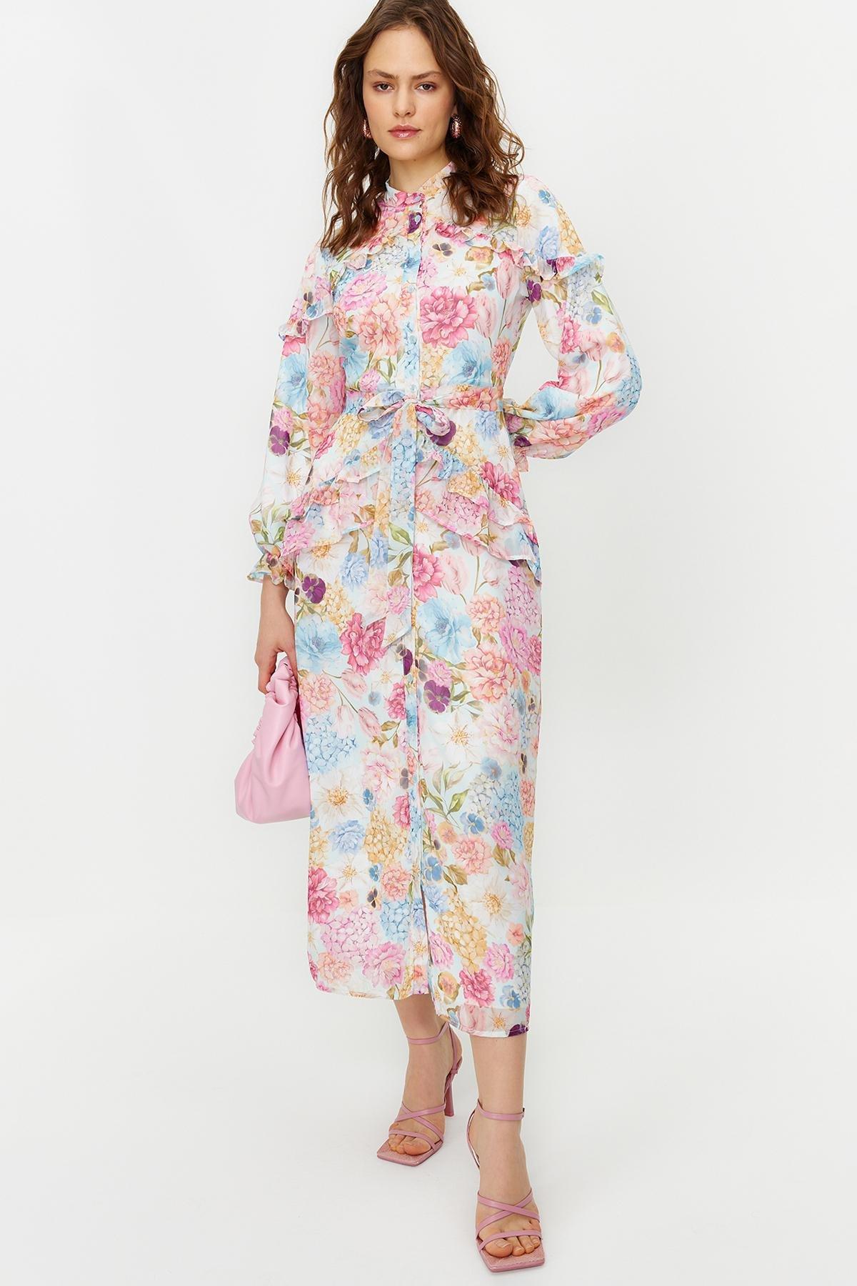 Purple Floral Ruffle Detail Chiffon Dress, , large image number 1