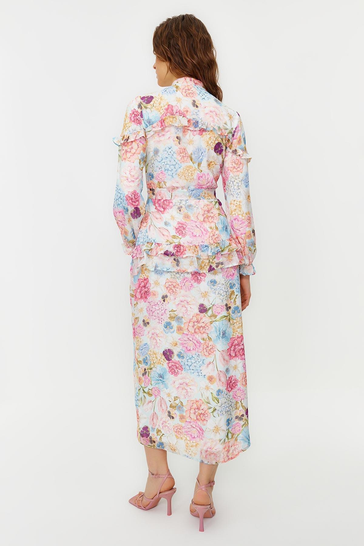 Purple Floral Ruffle Detail Chiffon Dress, , large image number 3