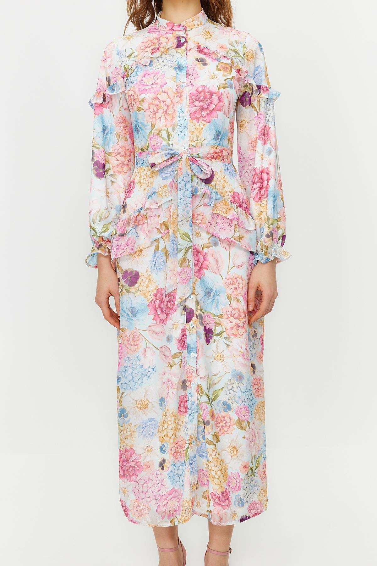 Purple Floral Ruffle Detail Chiffon Dress, , large image number 4