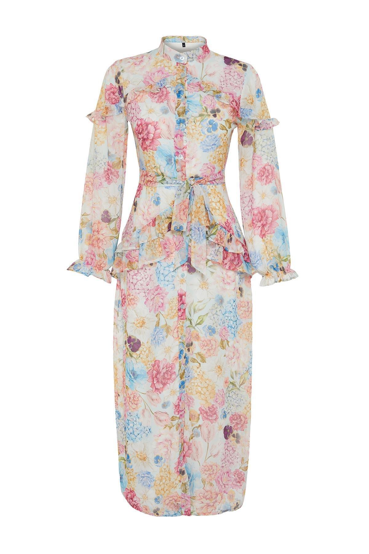 Purple Floral Ruffle Detail Chiffon Dress, , large image number 5