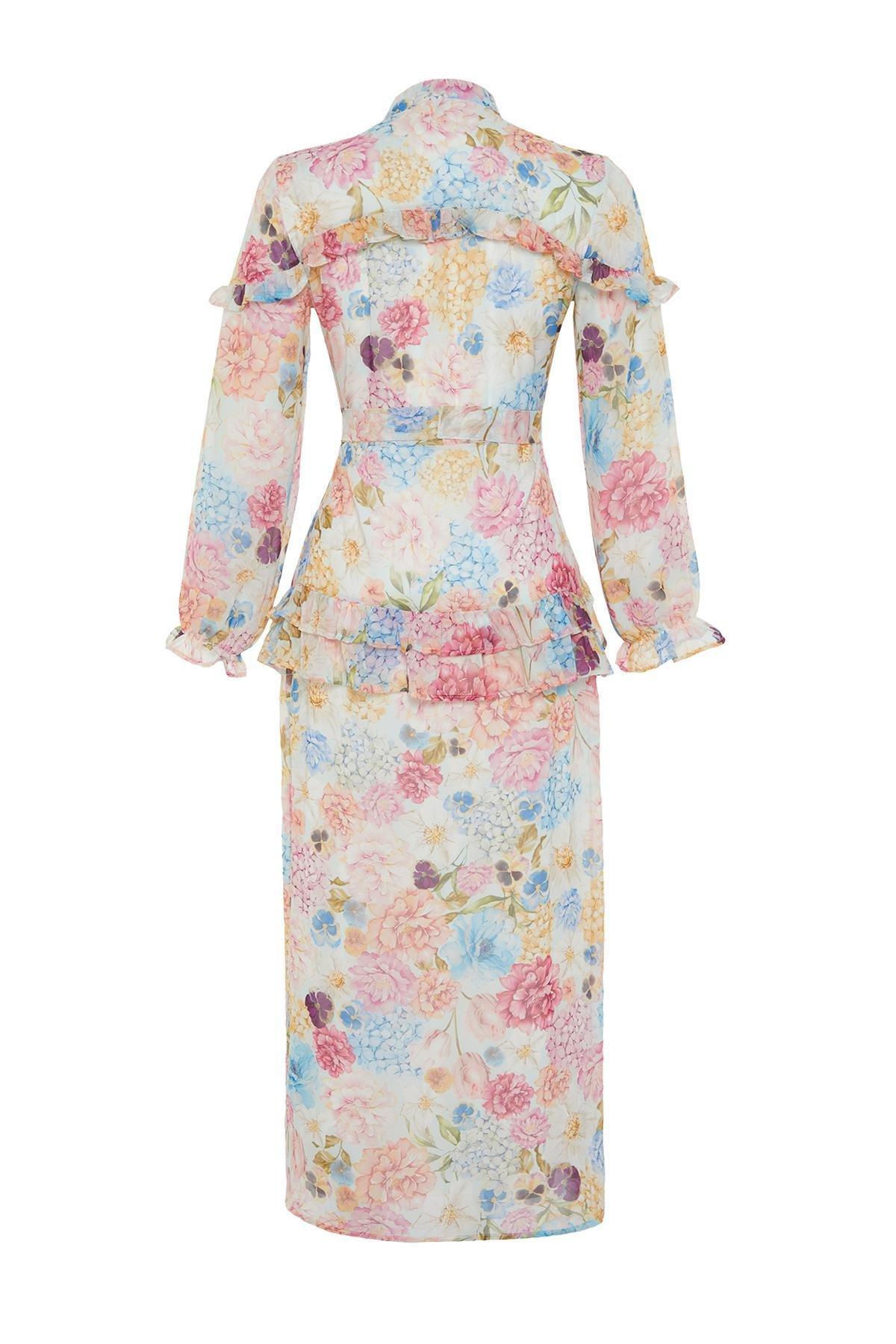 Purple Floral Ruffle Detail Chiffon Dress, , large image number 6