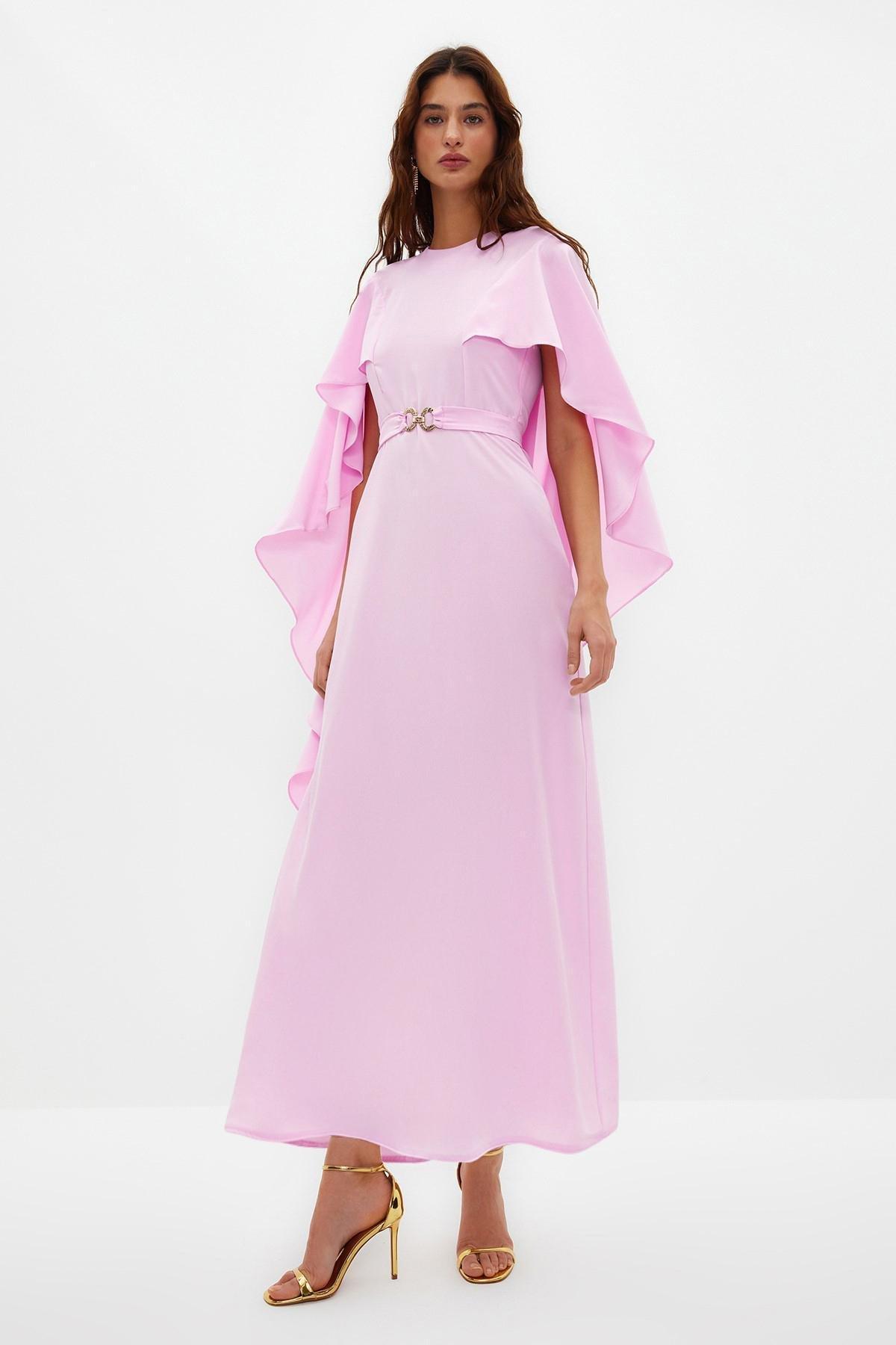 Purple Belted Cape Detailed Occasionwear Dress, , large image number 0