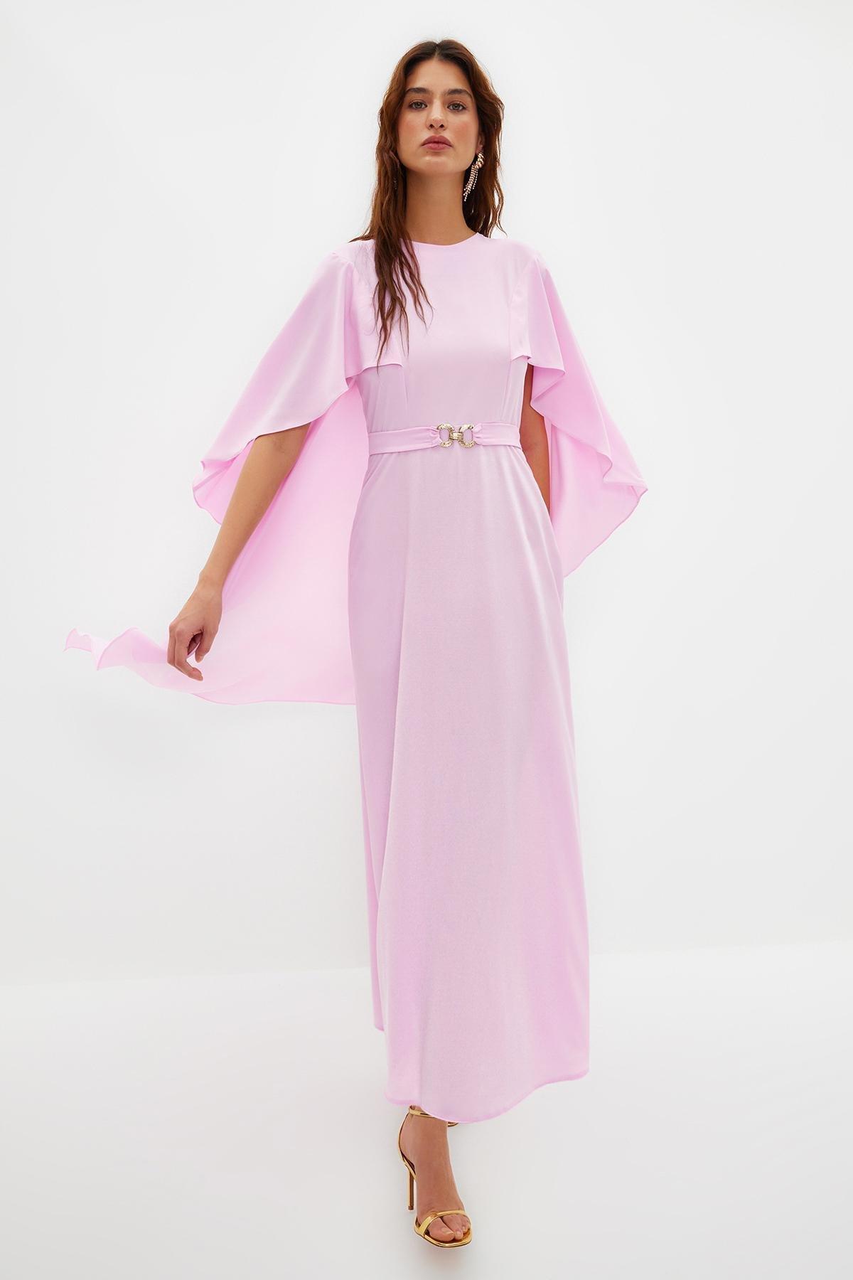 Purple Belted Cape Detailed Occasionwear Dress, , large image number 1