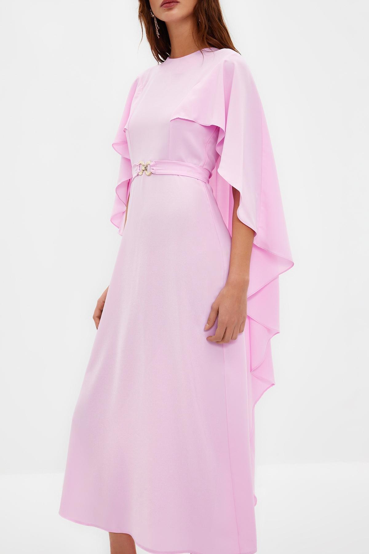 Purple Belted Cape Detailed Occasionwear Dress, , large image number 2