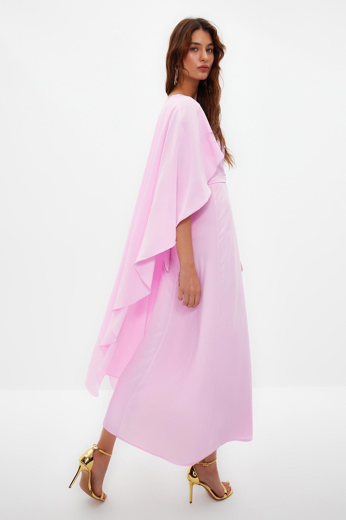 Purple Belted Cape Detailed Occasionwear Dress, , large image number 3