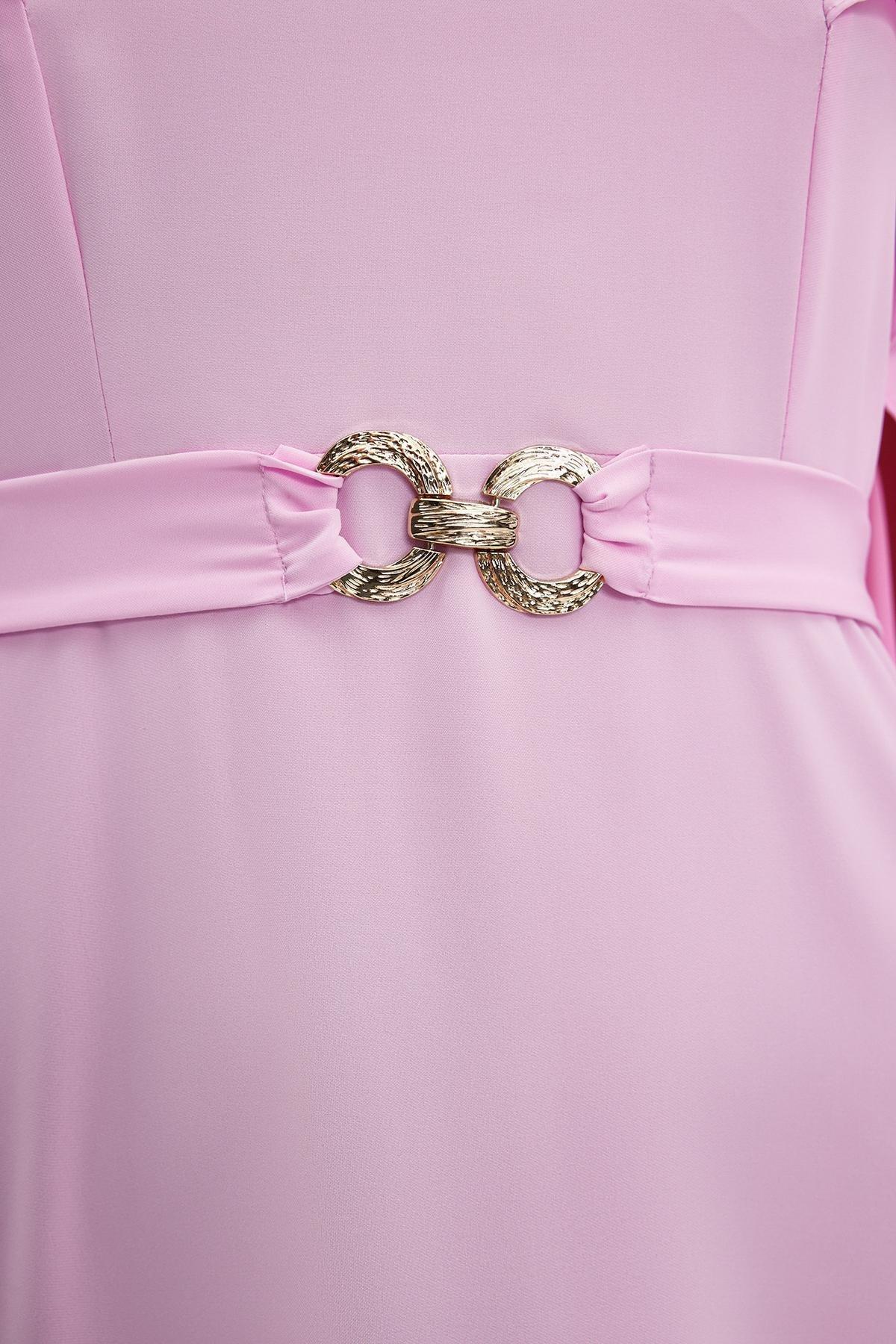 Purple Belted Cape Detailed Occasionwear Dress, , large image number 4