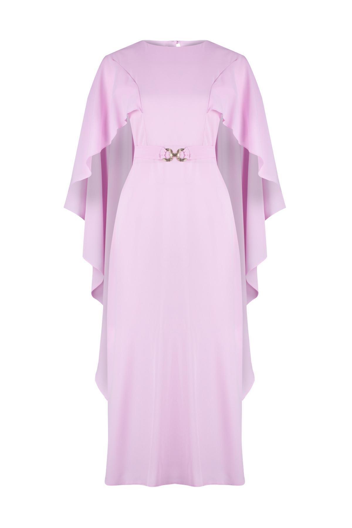 Purple Belted Cape Detailed Occasionwear Dress, , large image number 5
