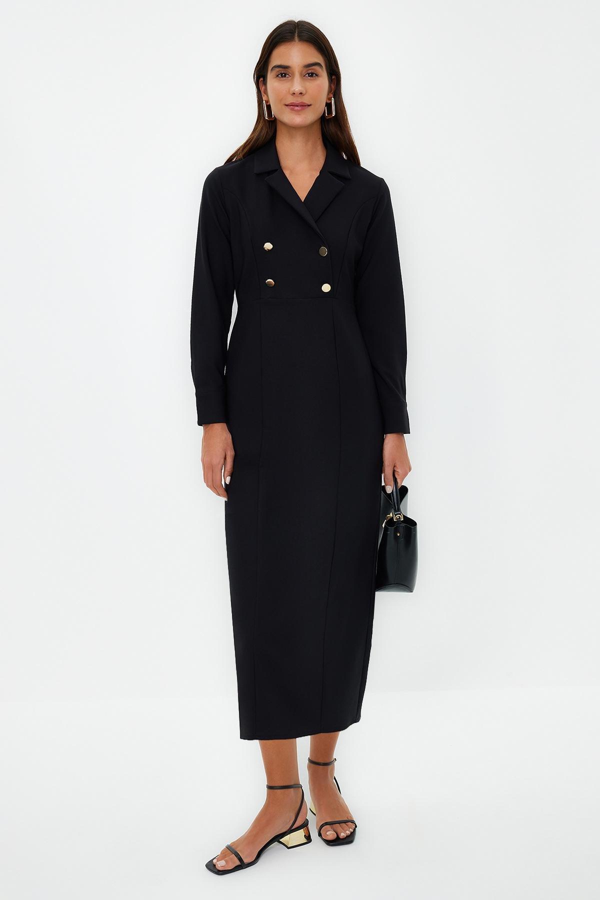 Black Double Breasted Collar Button Dress, , large image number 0