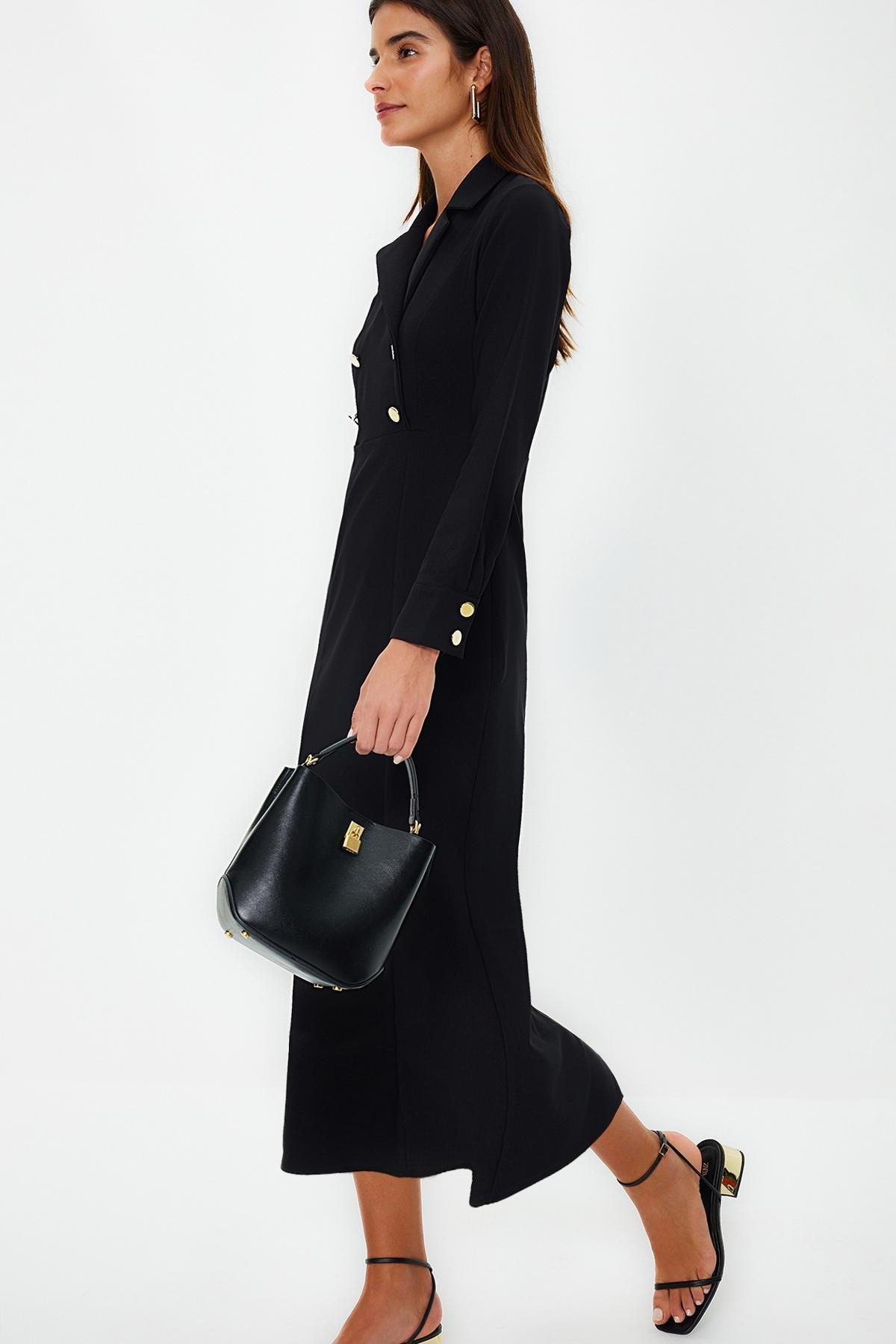 Black Double Breasted Collar Button Dress, , large image number 1