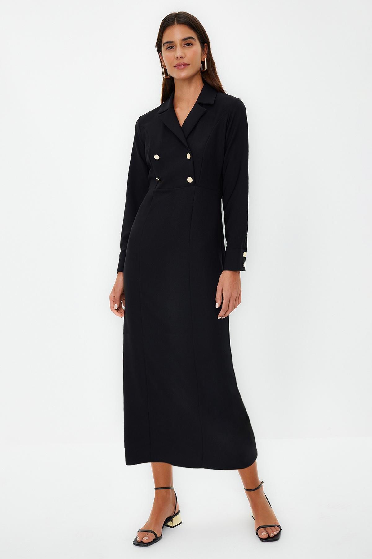 Black Double Breasted Collar Button Dress, , large image number 2