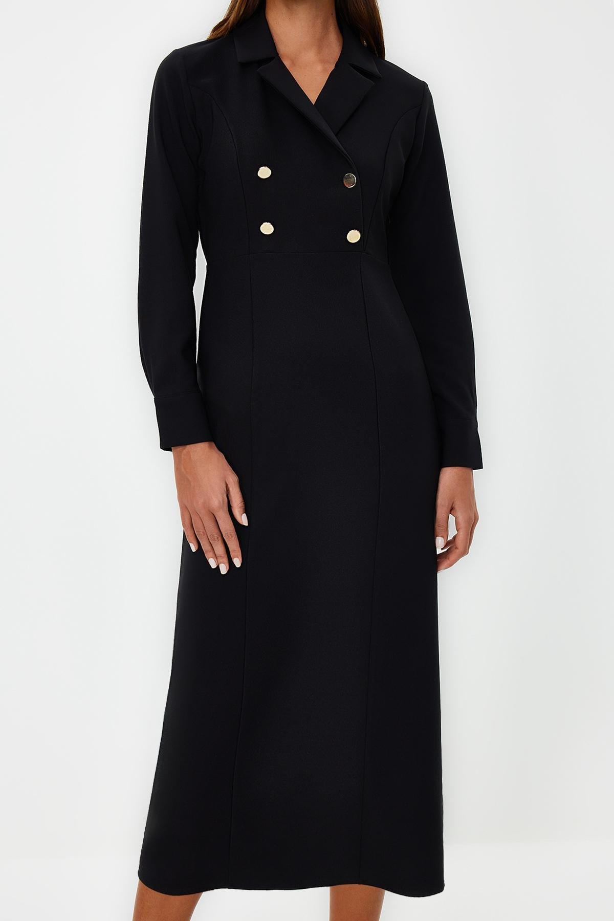 Black Double Breasted Collar Button Dress, , large image number 4