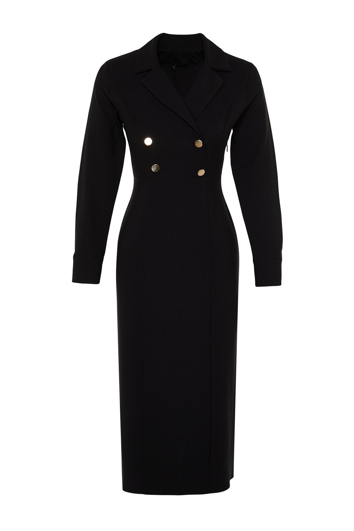 Black Double Breasted Collar Button Dress, , large image number 5