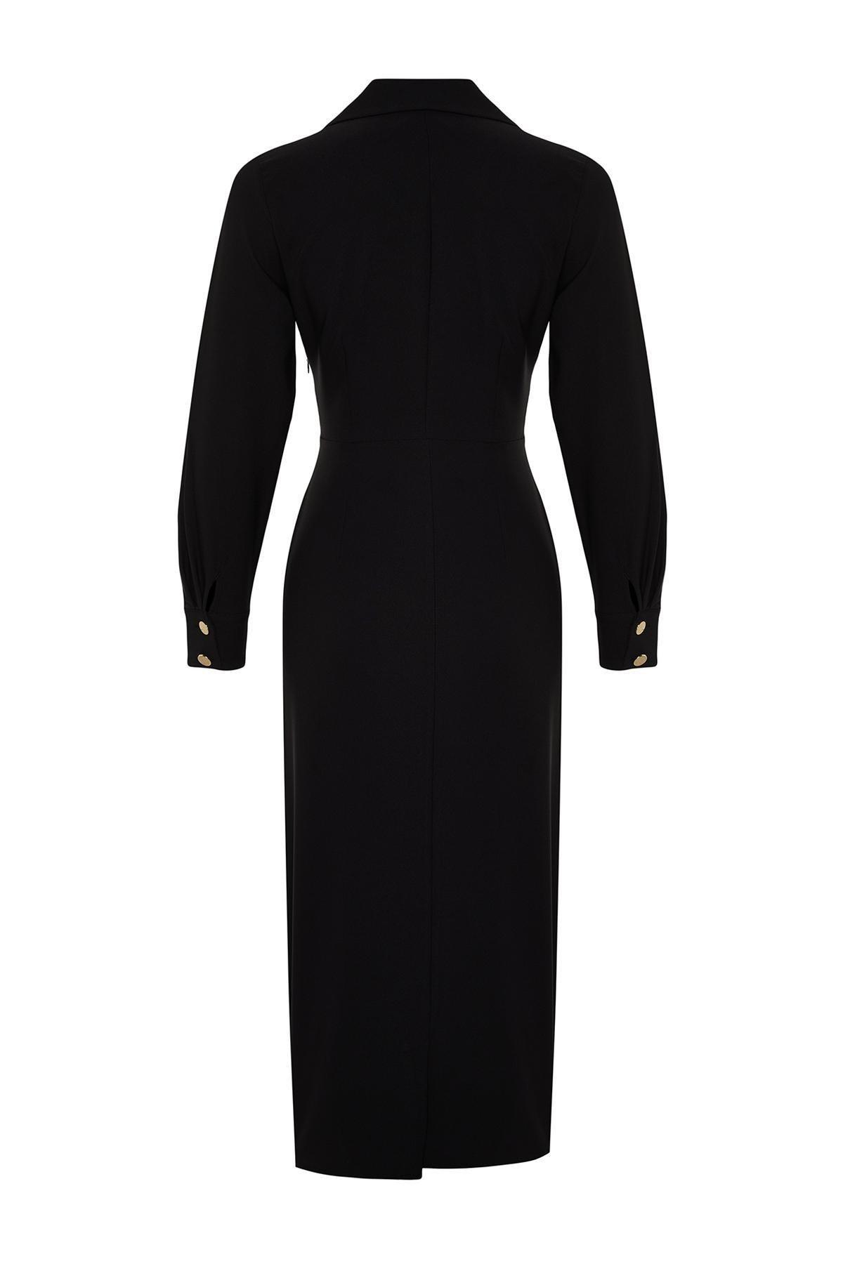 Black Double Breasted Collar Button Dress, , large image number 6