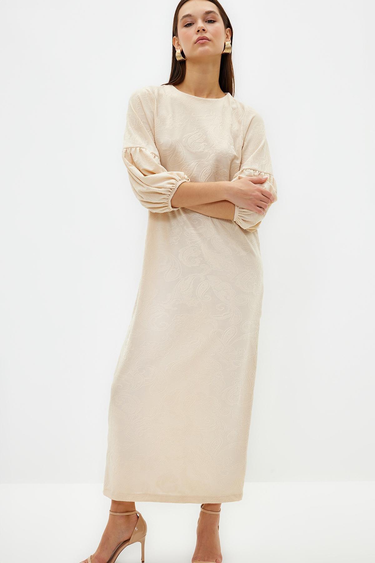 White Embossed Floral Pattern Balloon Sleeve Dress, STONE, large image number 1