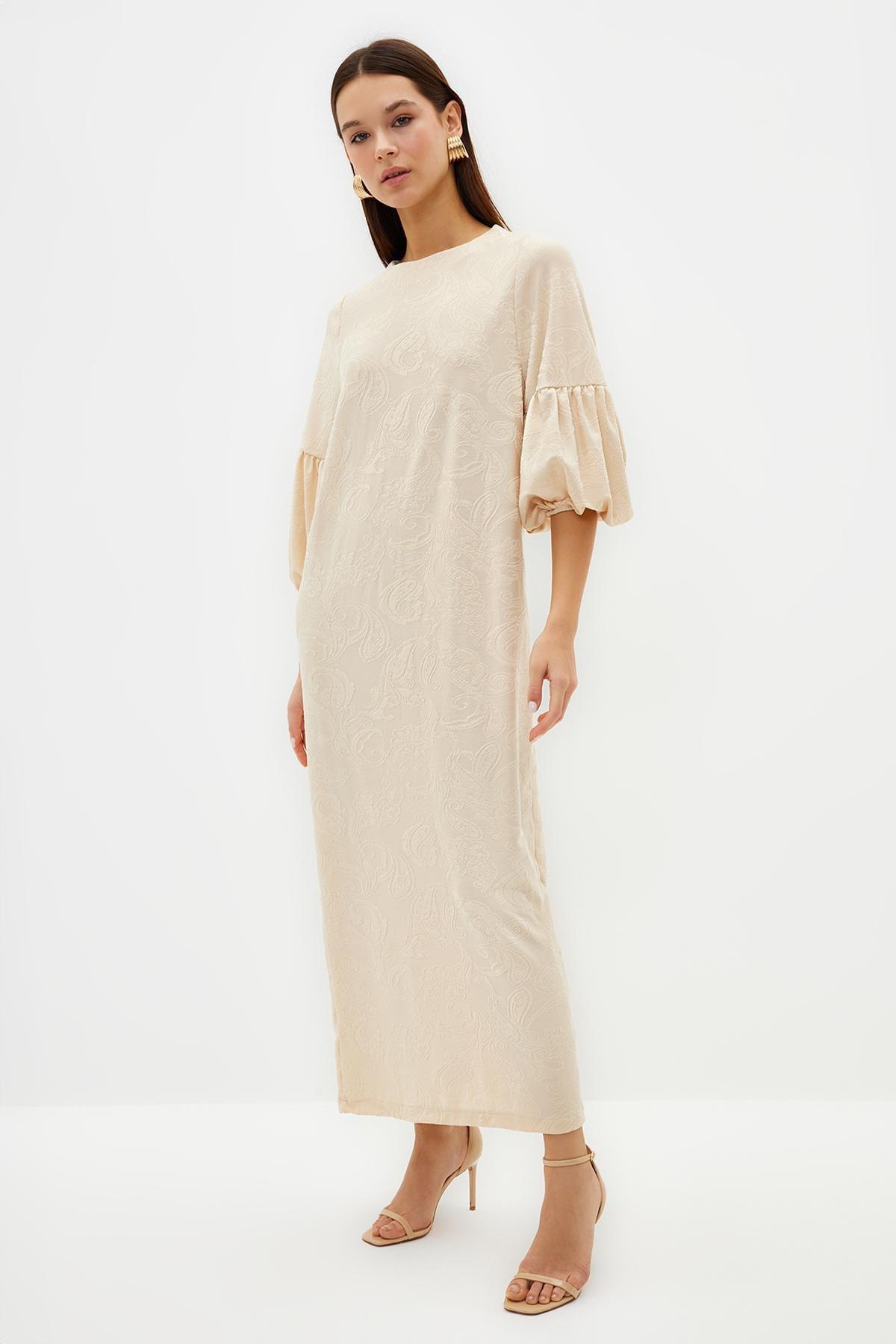 White Embossed Floral Pattern Balloon Sleeve Dress, STONE, large image number 2