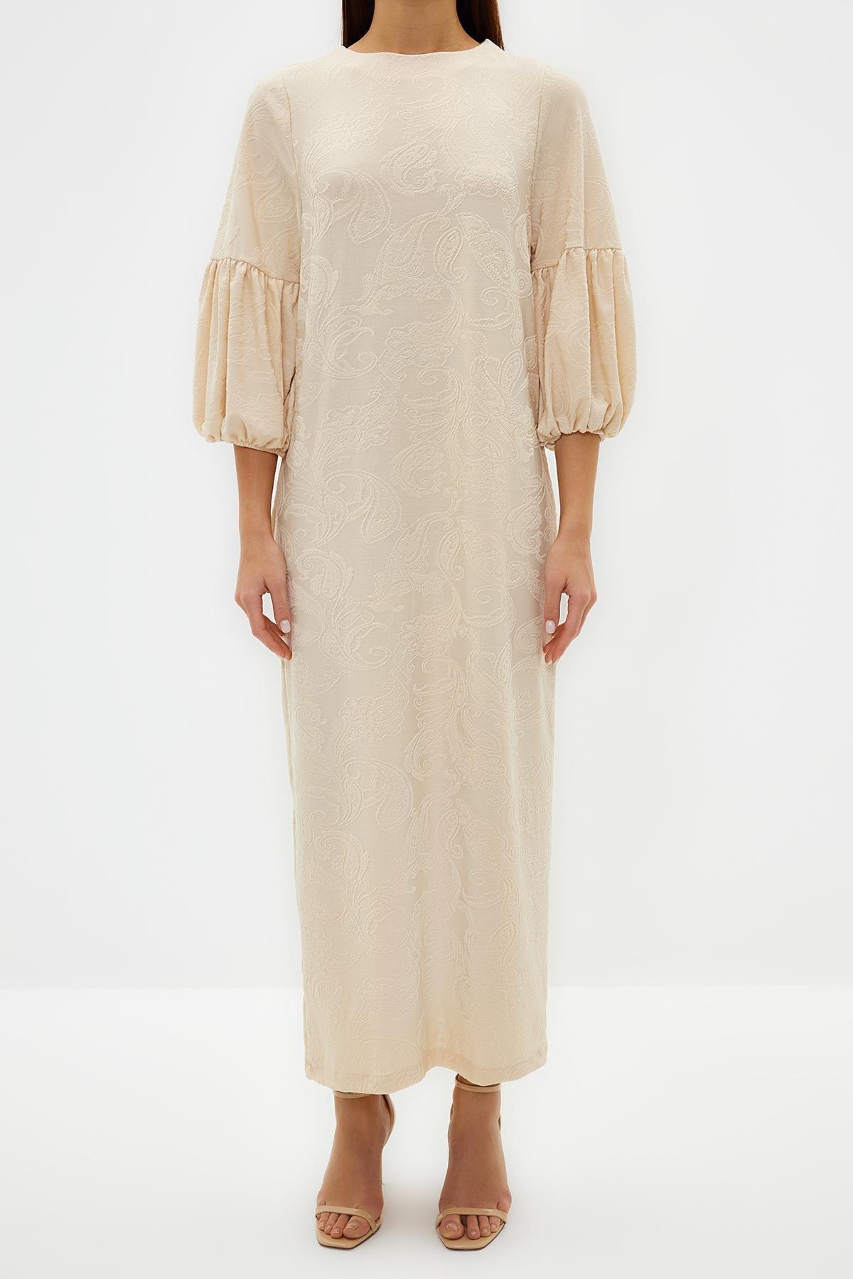 White Embossed Floral Pattern Balloon Sleeve Dress, STONE, large image number 3