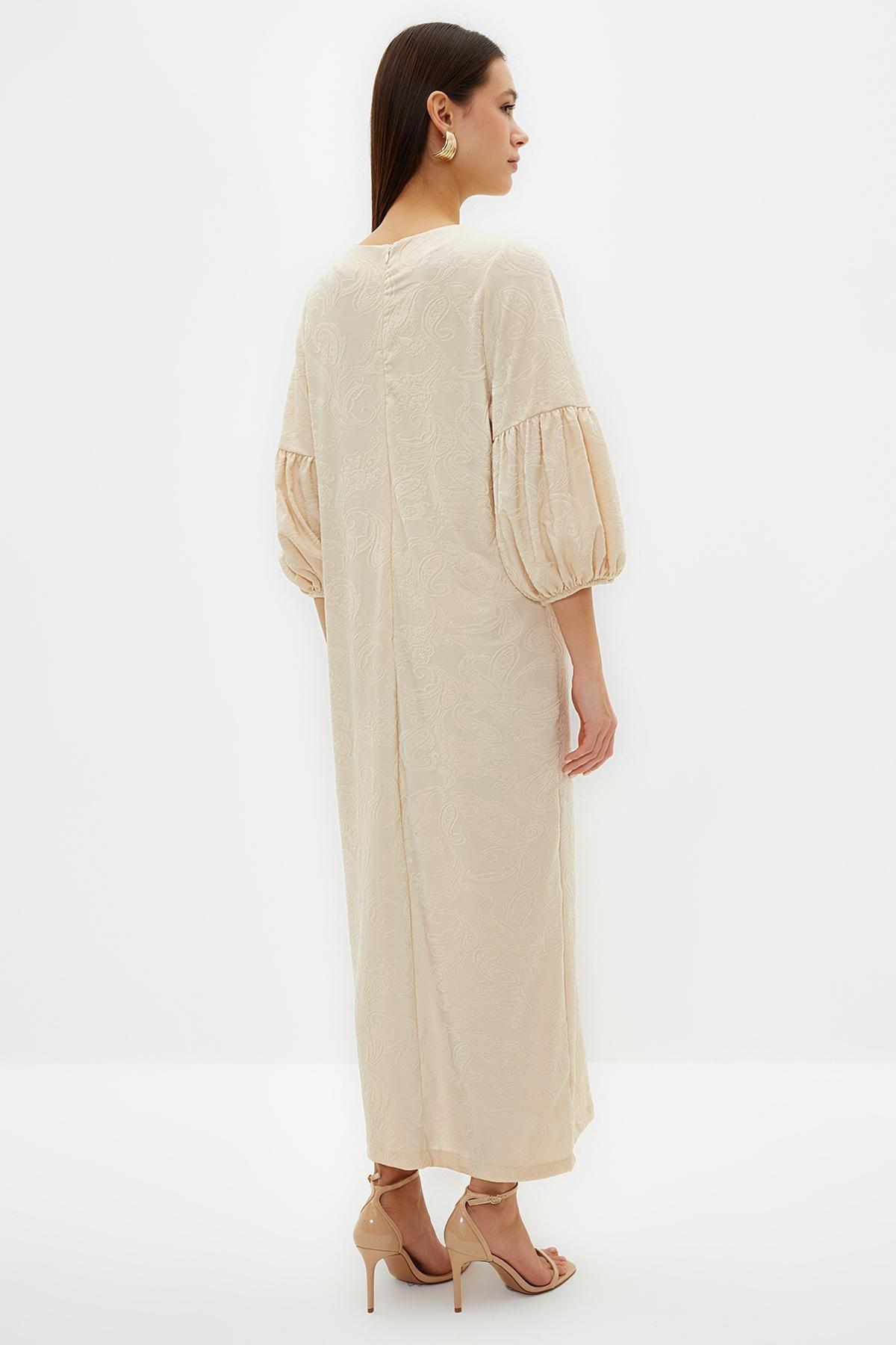 White Embossed Floral Pattern Balloon Sleeve Dress, STONE, large image number 4