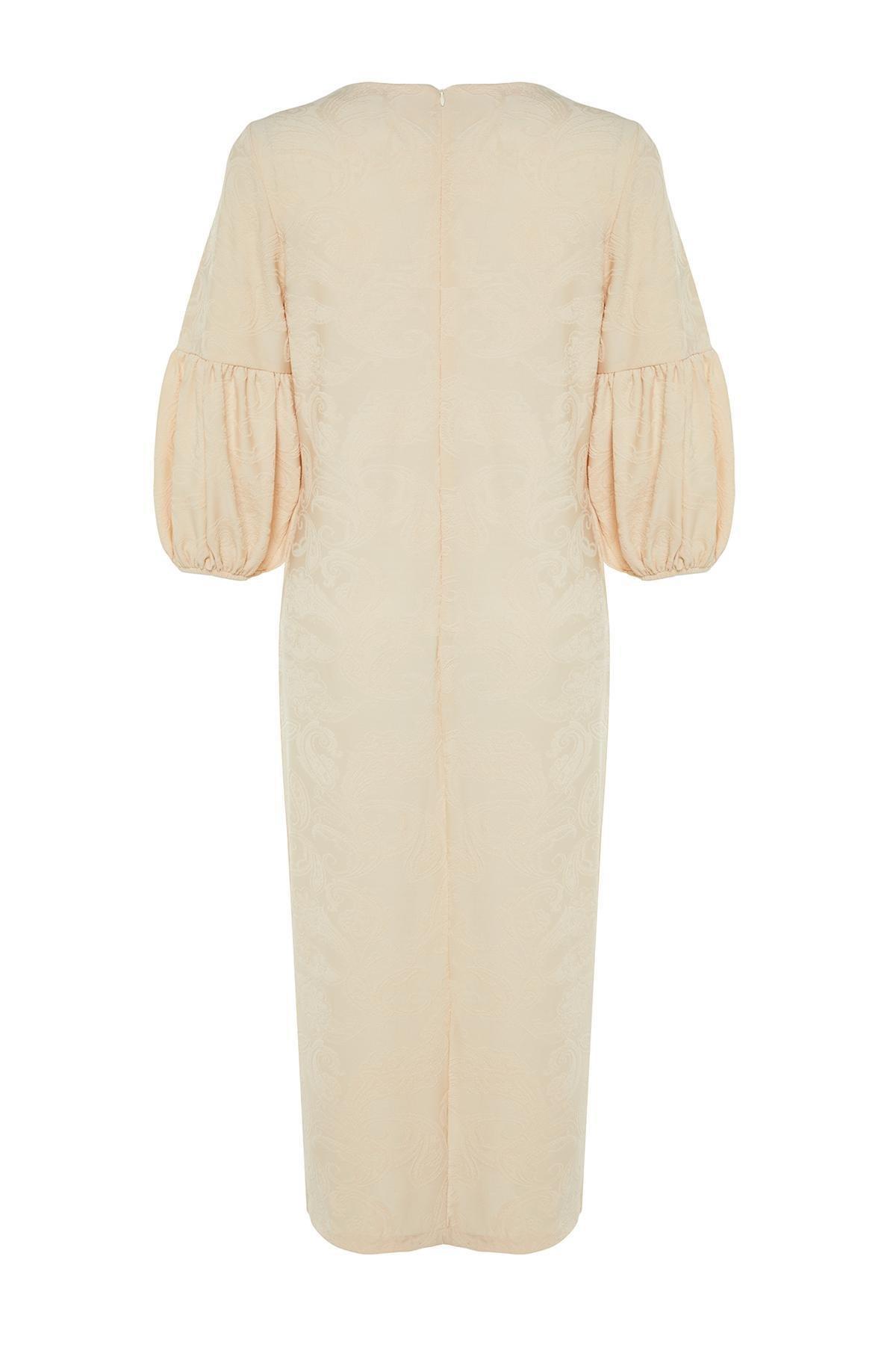 White Embossed Floral Pattern Balloon Sleeve Dress, STONE, large image number 5