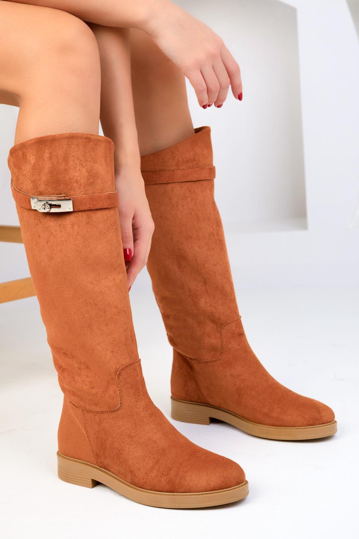 brown Suede Knee High Flat Boots, , large image number 2