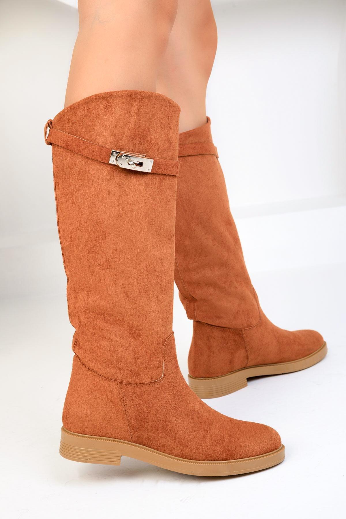brown Suede Knee High Flat Boots, , large image number 3