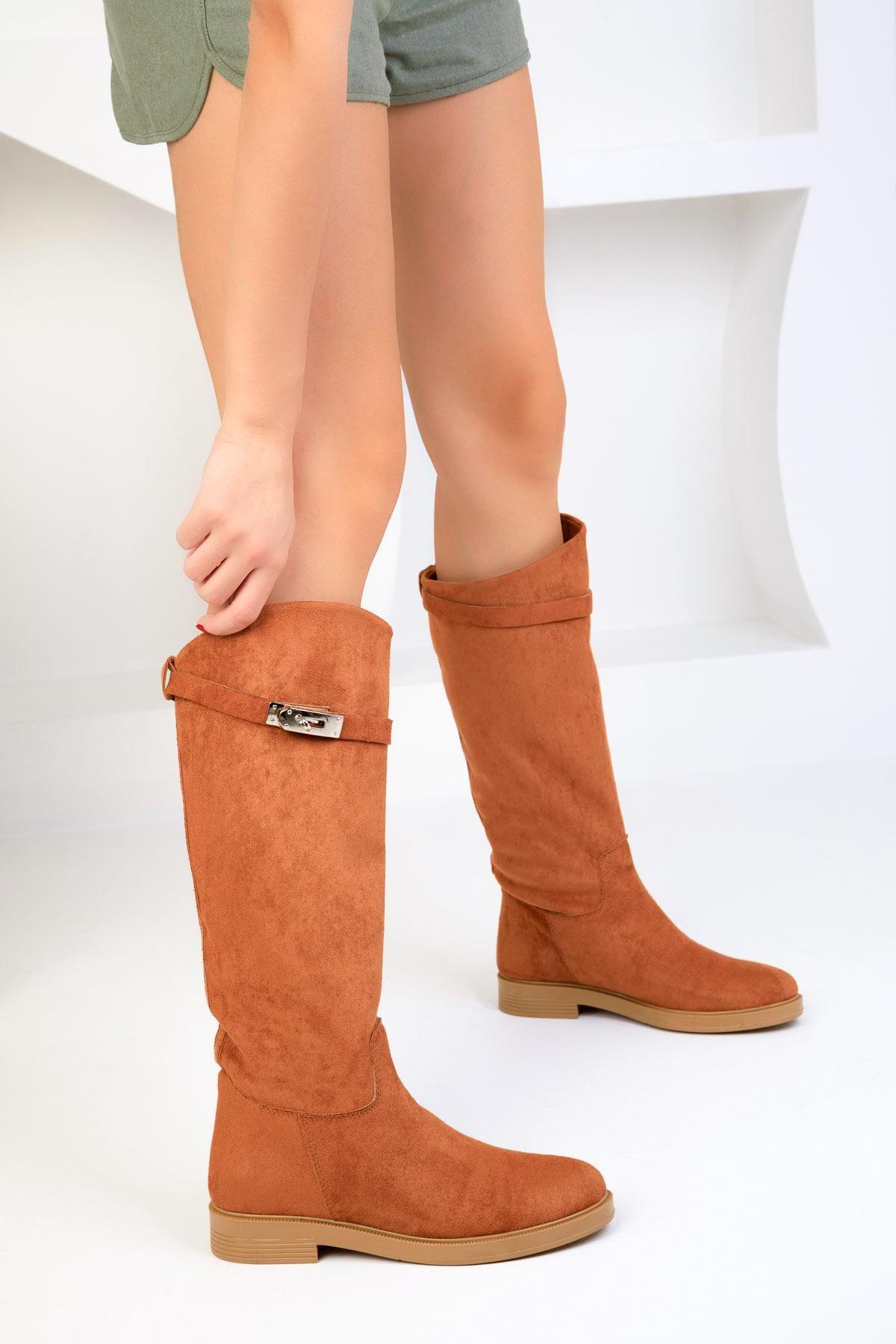 brown Suede Knee High Flat Boots, , large image number 4