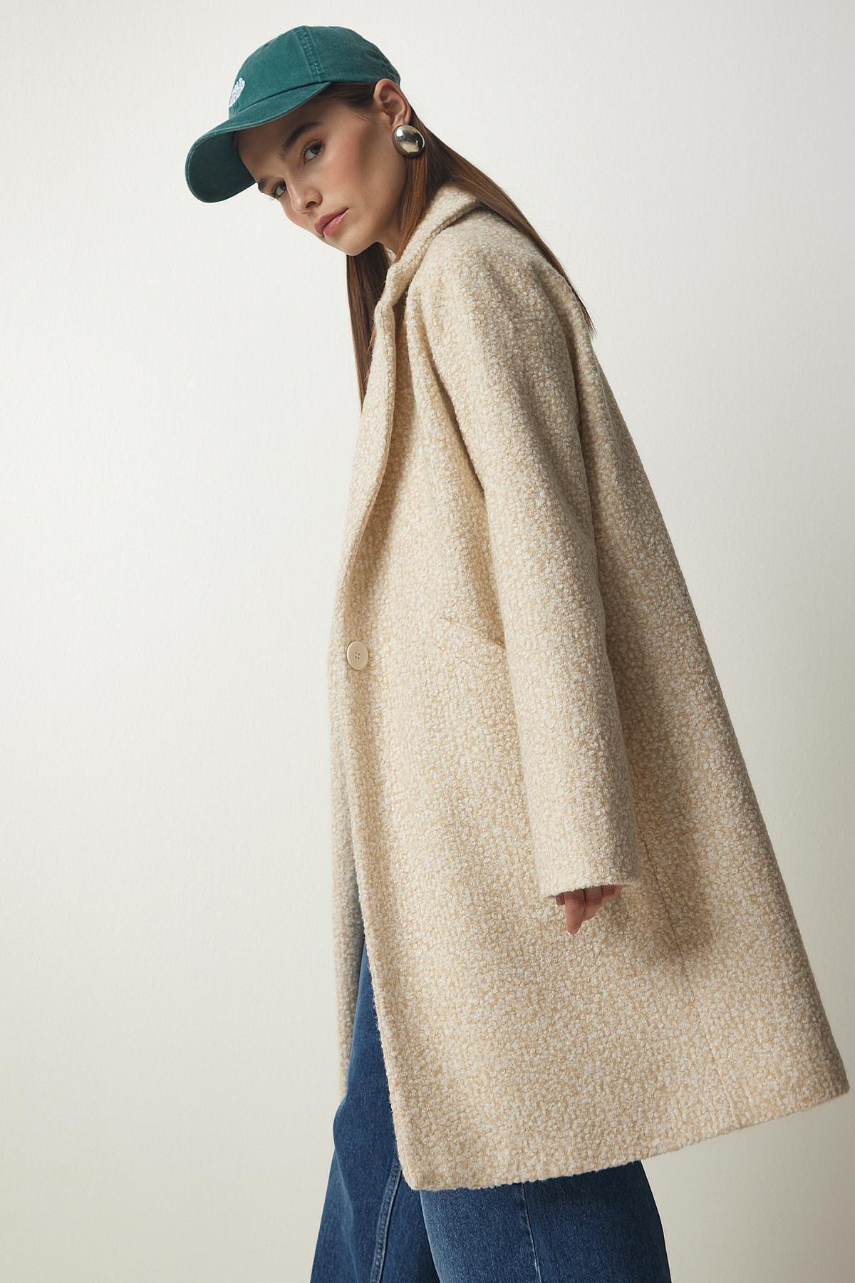 Cream Midi Pocket Boucle Coat, Cream, large image number 3