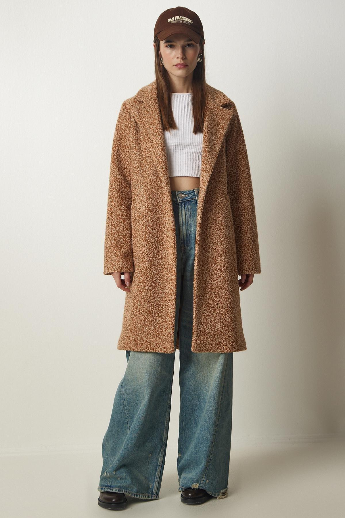 Brown Midi Pocket Boucle Coat, , large image number 0