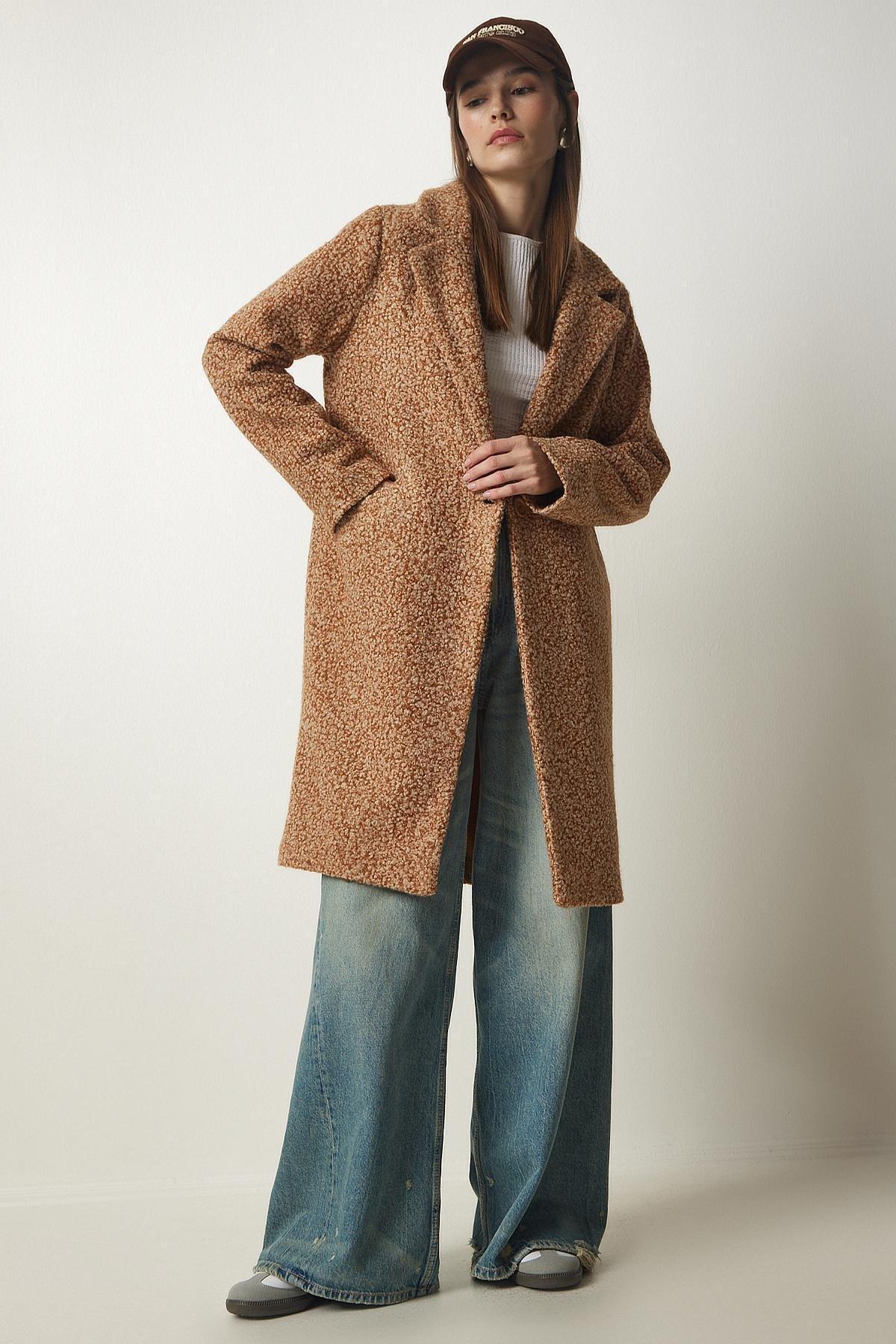 Brown Midi Pocket Boucle Coat, , large image number 1