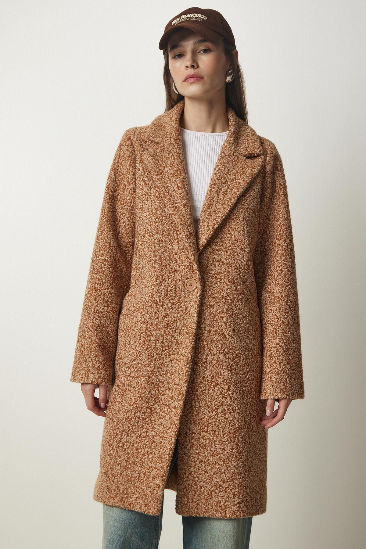 Happiness Istanbul - Brown Midi Pocket Boucle Coat