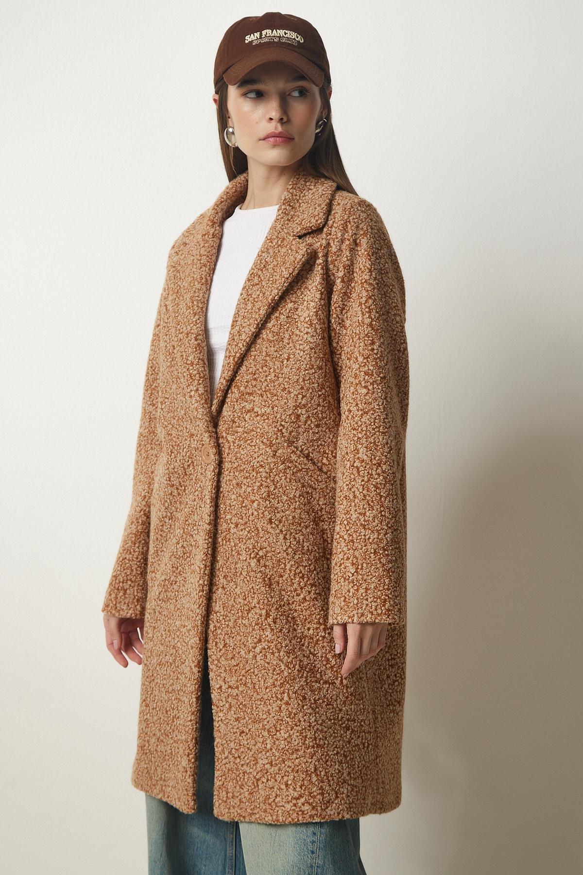 Happiness Istanbul - Brown Midi Pocket Boucle Coat