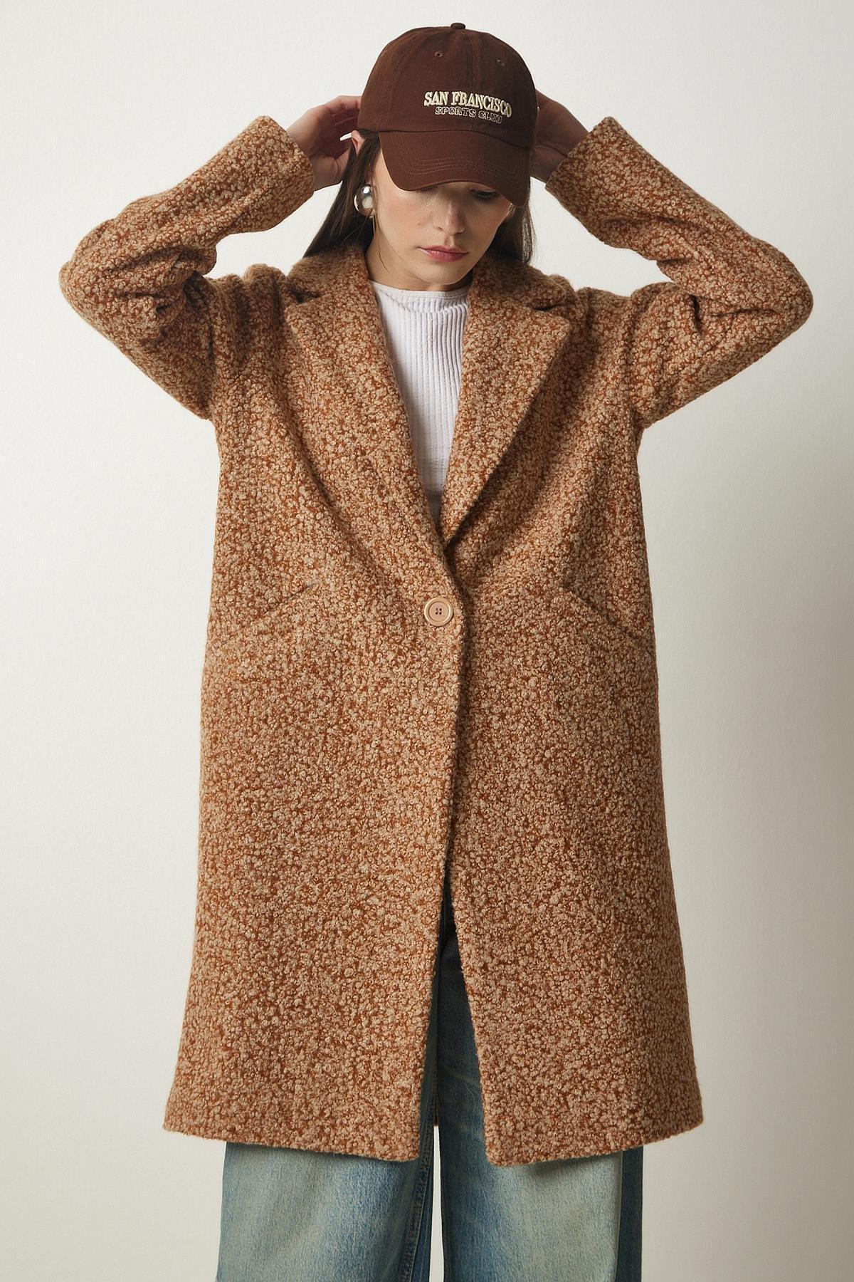 Happiness Istanbul - Brown Midi Pocket Boucle Coat