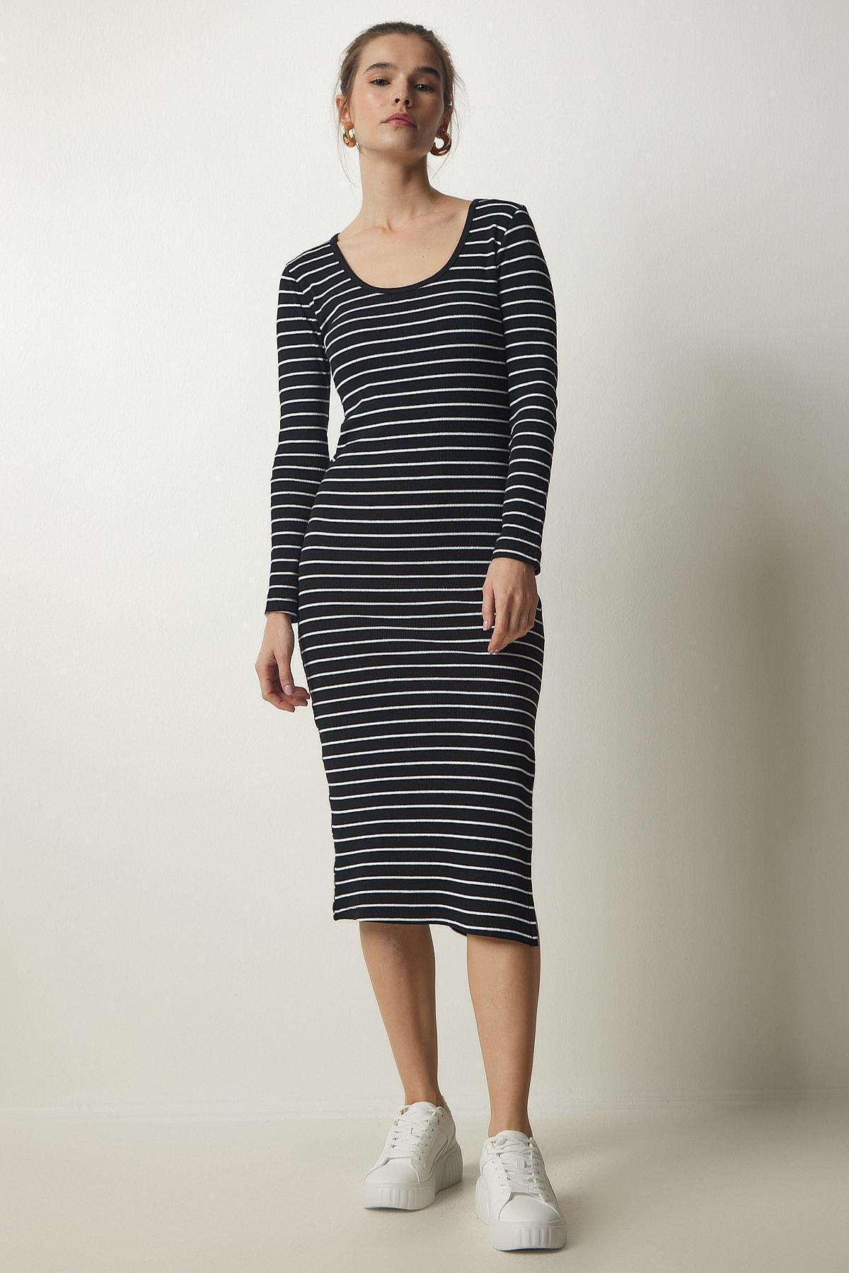 Black Striped Slit Wrap Dress, BLACK, large image number 0