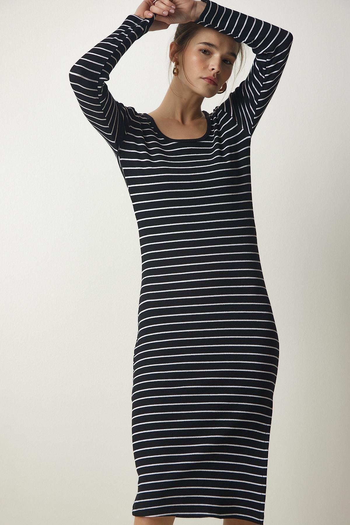 Black Striped Slit Wrap Dress, BLACK, large image number 1
