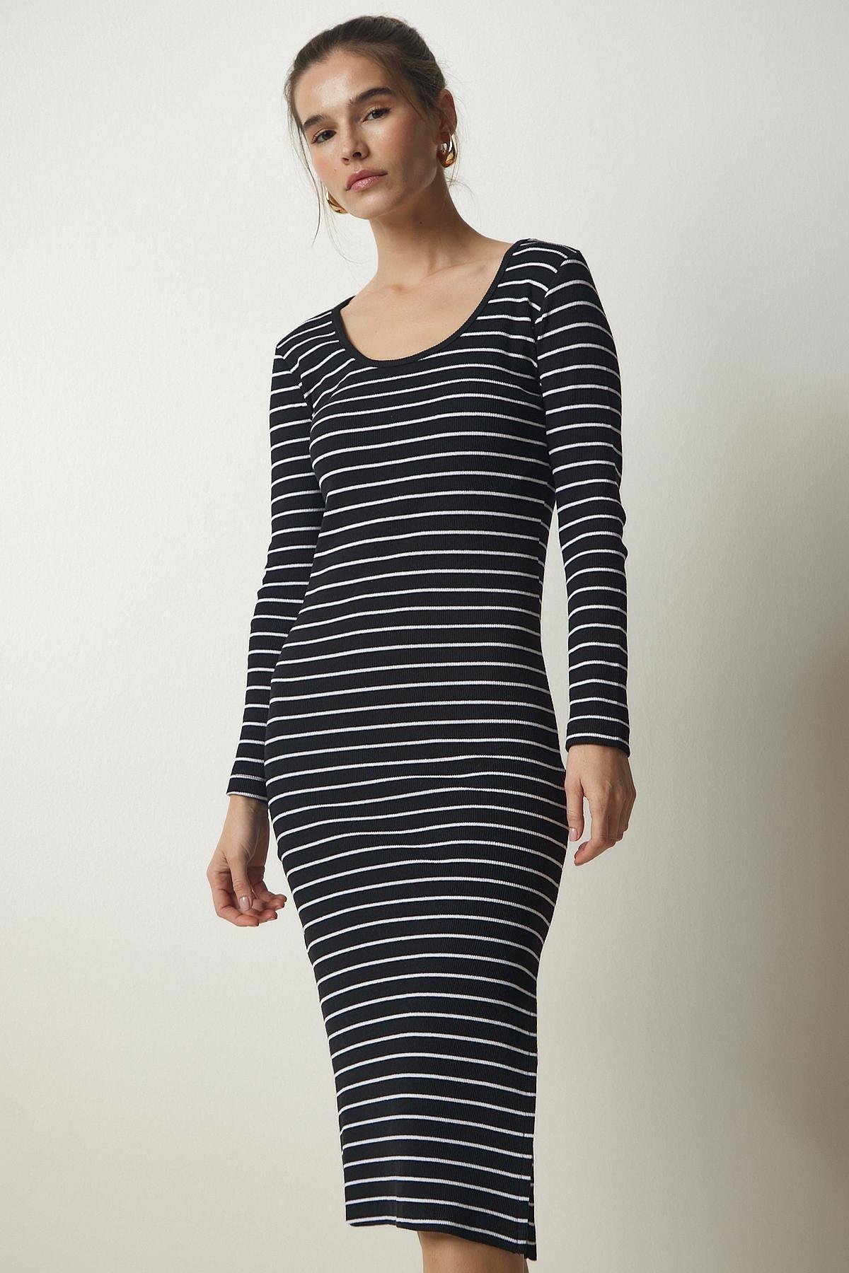 Black Striped Slit Wrap Dress, BLACK, large image number 2