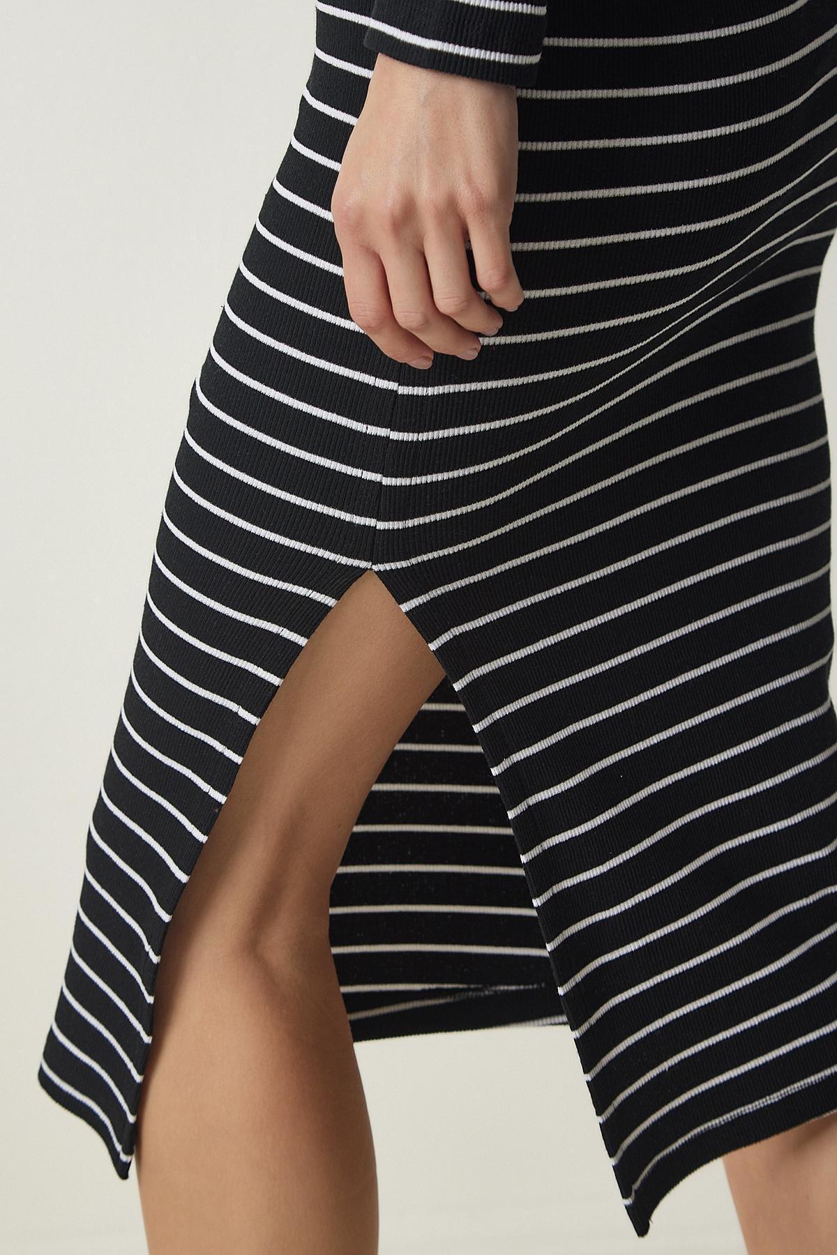 Black Striped Slit Wrap Dress, BLACK, large image number 4