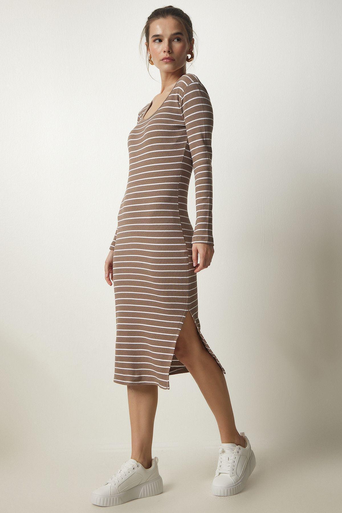Beige Striped Slit Wrap Dress, Mink, large image number 0