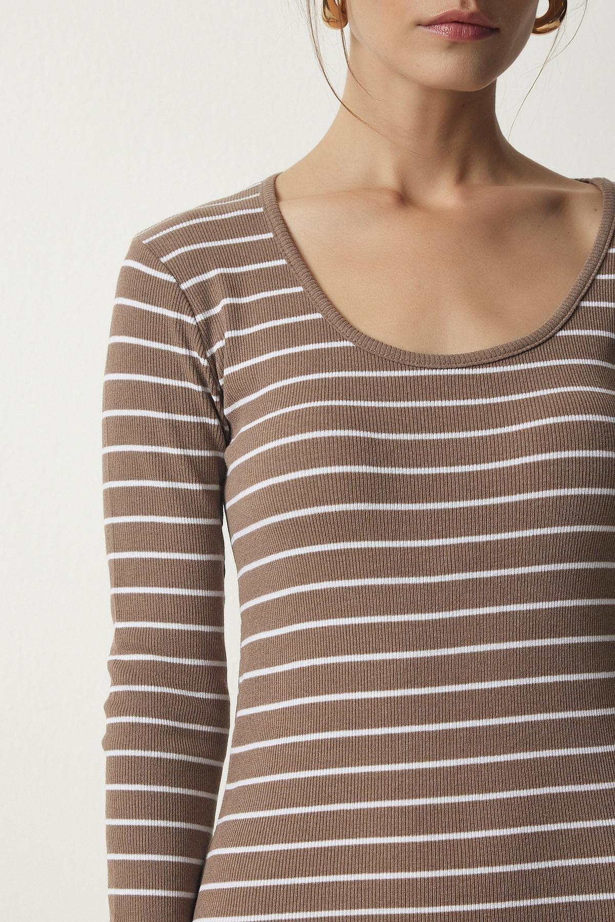 Beige Striped Slit Wrap Dress, Mink, large image number 3