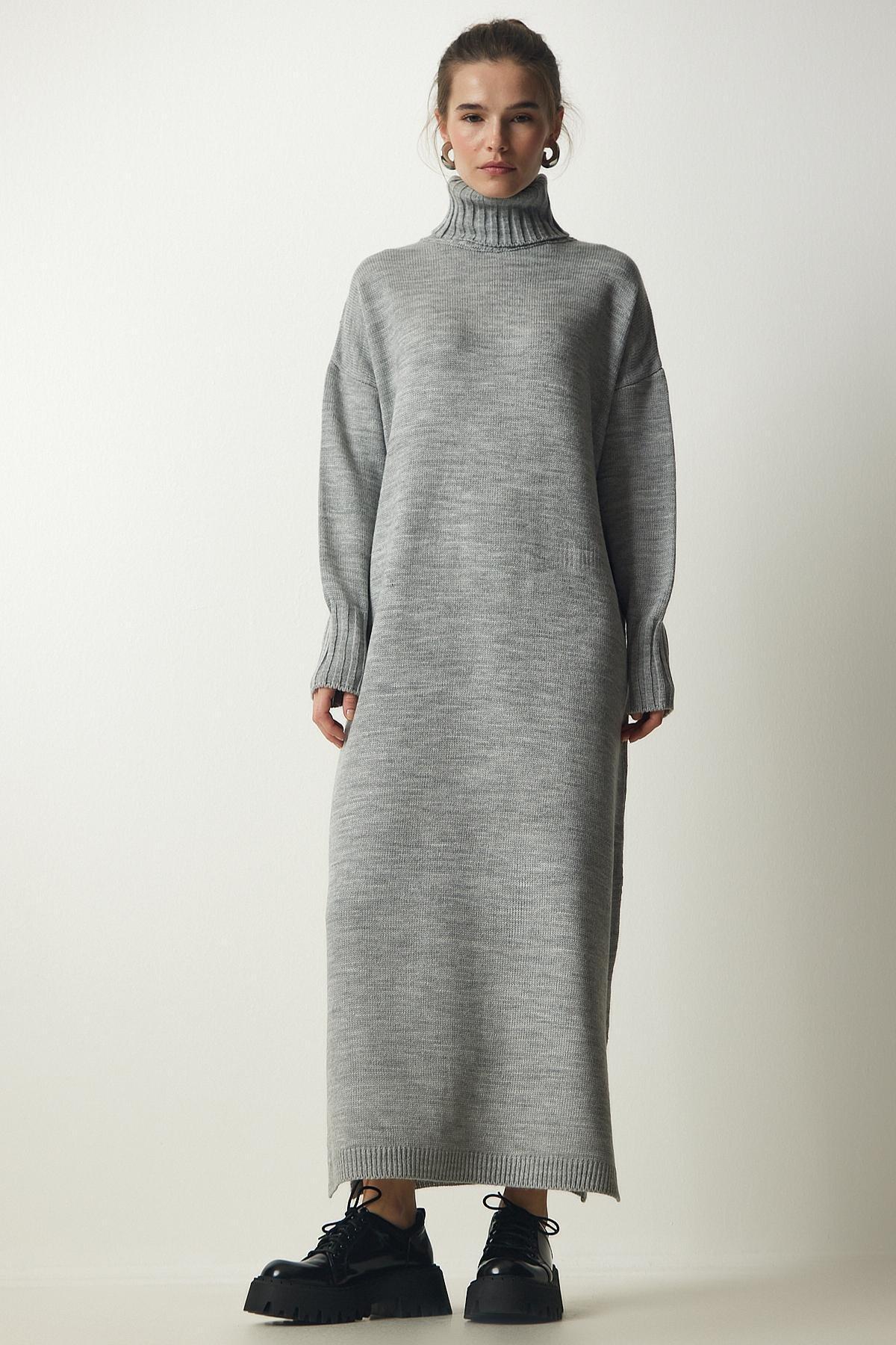 Happiness Istanbul - Grey Turtleneck Slit Oversize Dress