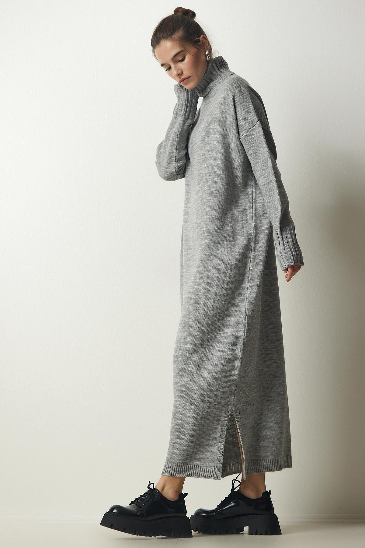 Grey Turtleneck Slit Oversize Dress, C101_1653, large image number 1