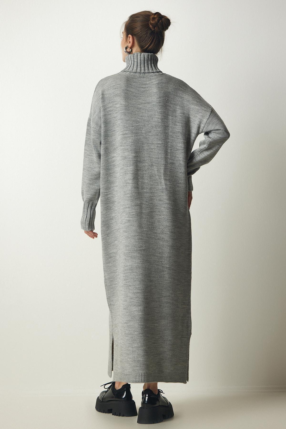 Happiness Istanbul - Grey Turtleneck Slit Oversize Dress