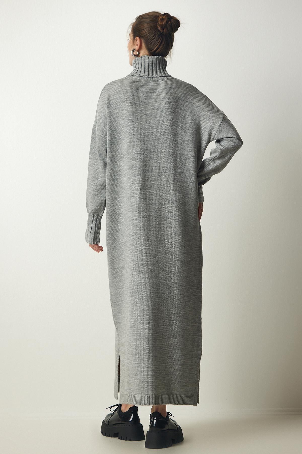 Grey Turtleneck Slit Oversize Dress, C101_1653, large image number 3