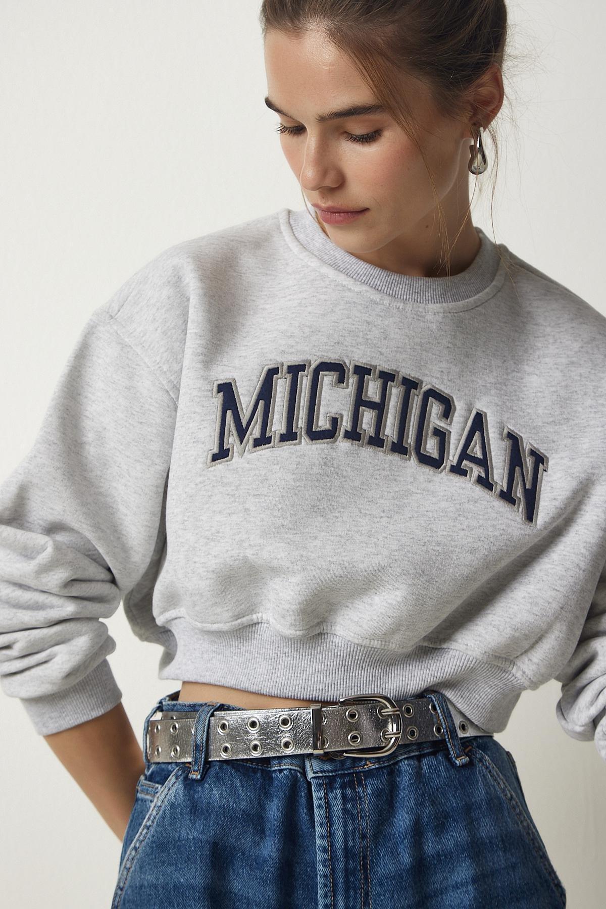 Grey Printed Raised Crop Knitted Sweatshirt, C101_1653, large image number 0