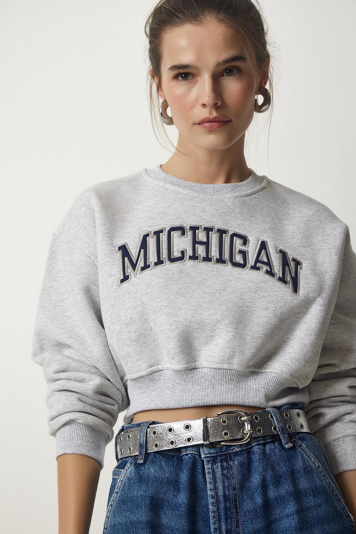 Grey Printed Raised Crop Knitted Sweatshirt, C101_1653, large image number 1