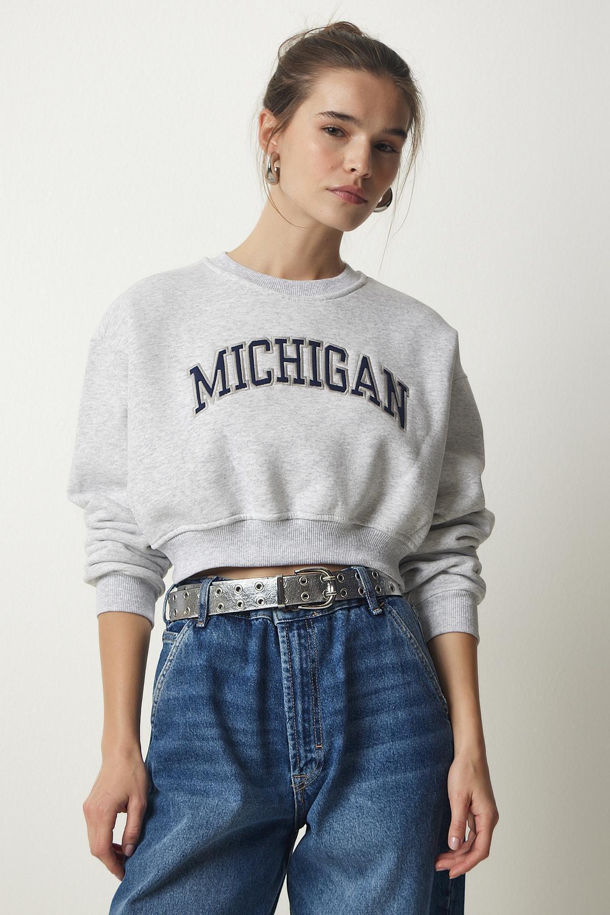 Grey Printed Raised Crop Knitted Sweatshirt, C101_1653, large image number 2