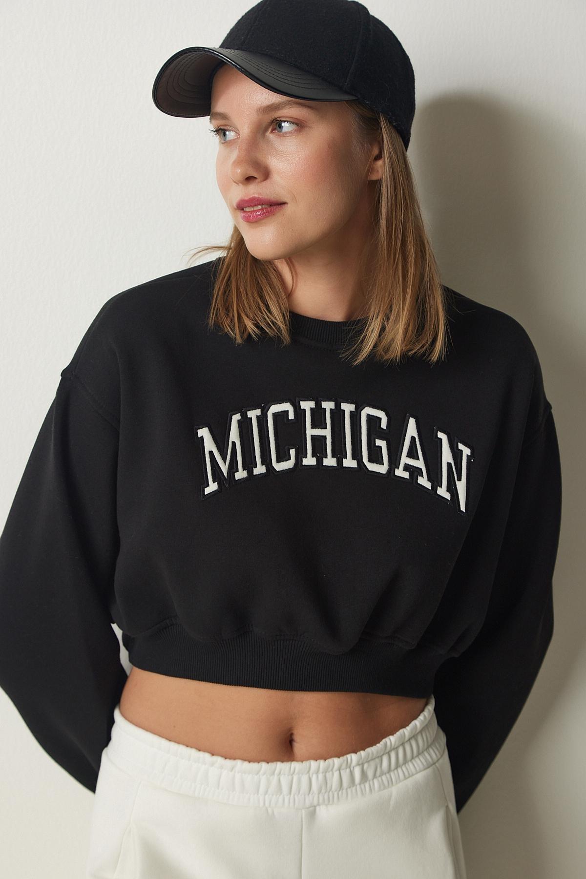 Black Printed Raised Crop Knitted Sweatshirt, BLACK, medium