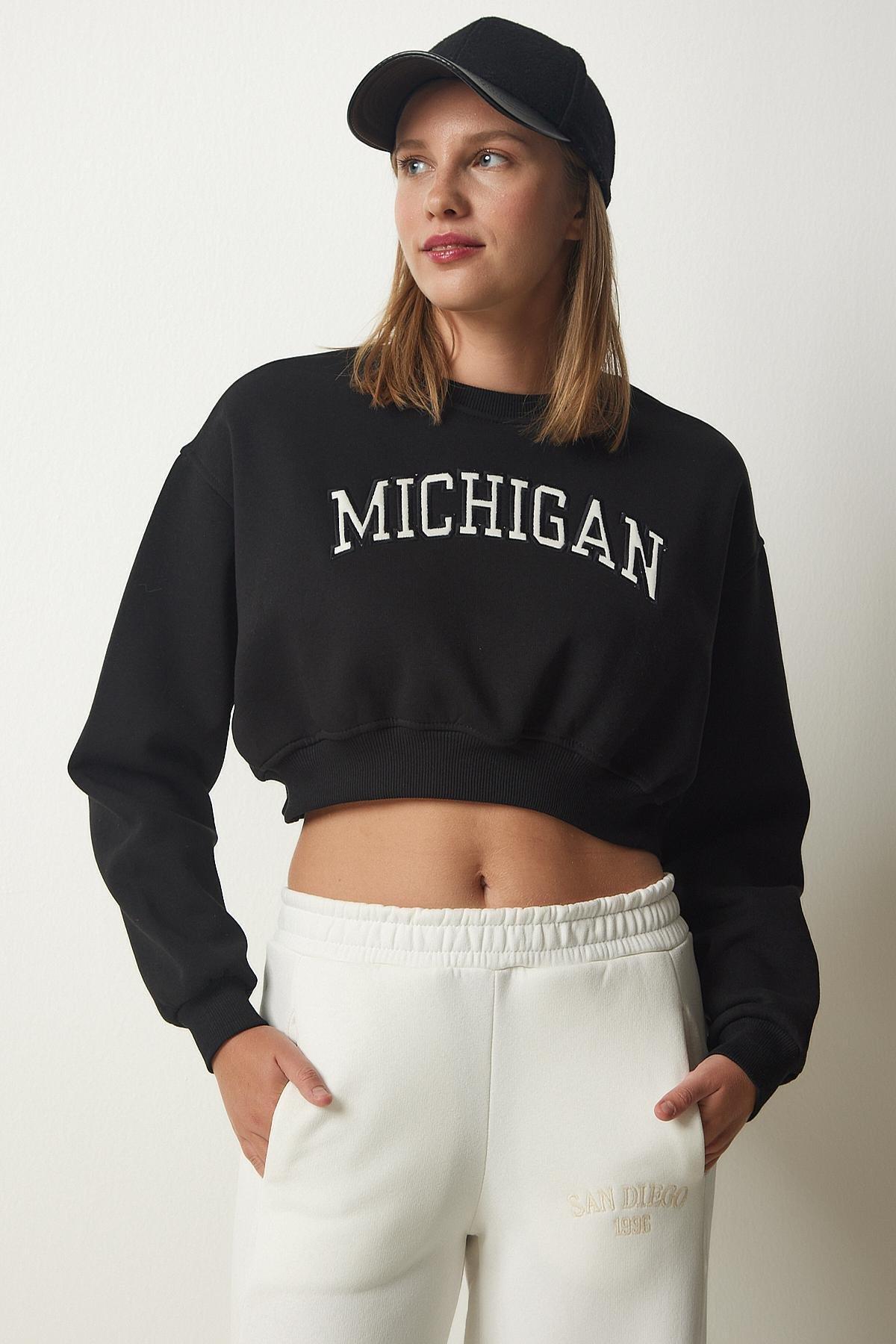 Black Printed Raised Crop Knitted Sweatshirt, BLACK, medium