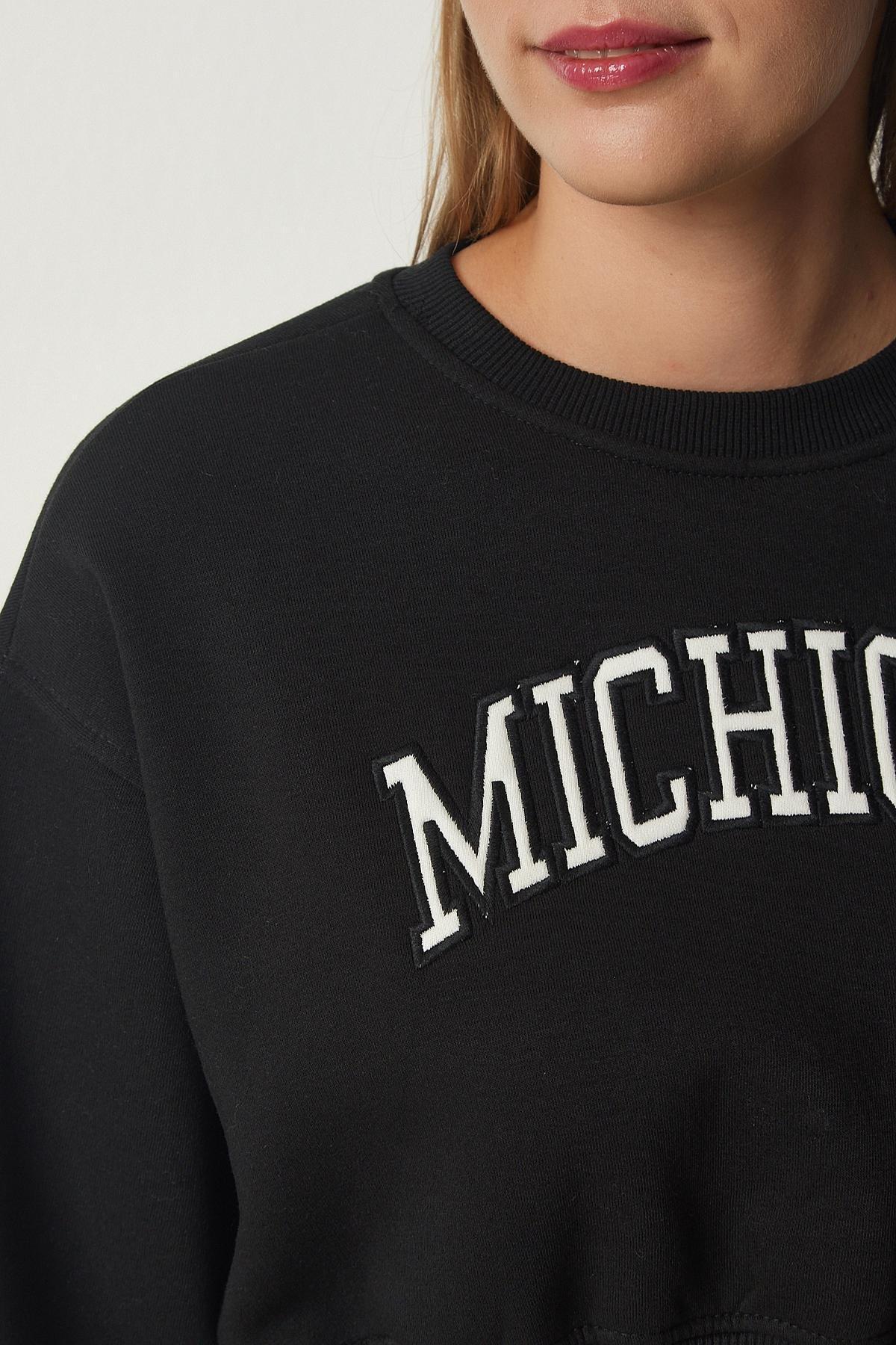 Black Printed Raised Crop Knitted Sweatshirt, BLACK, medium