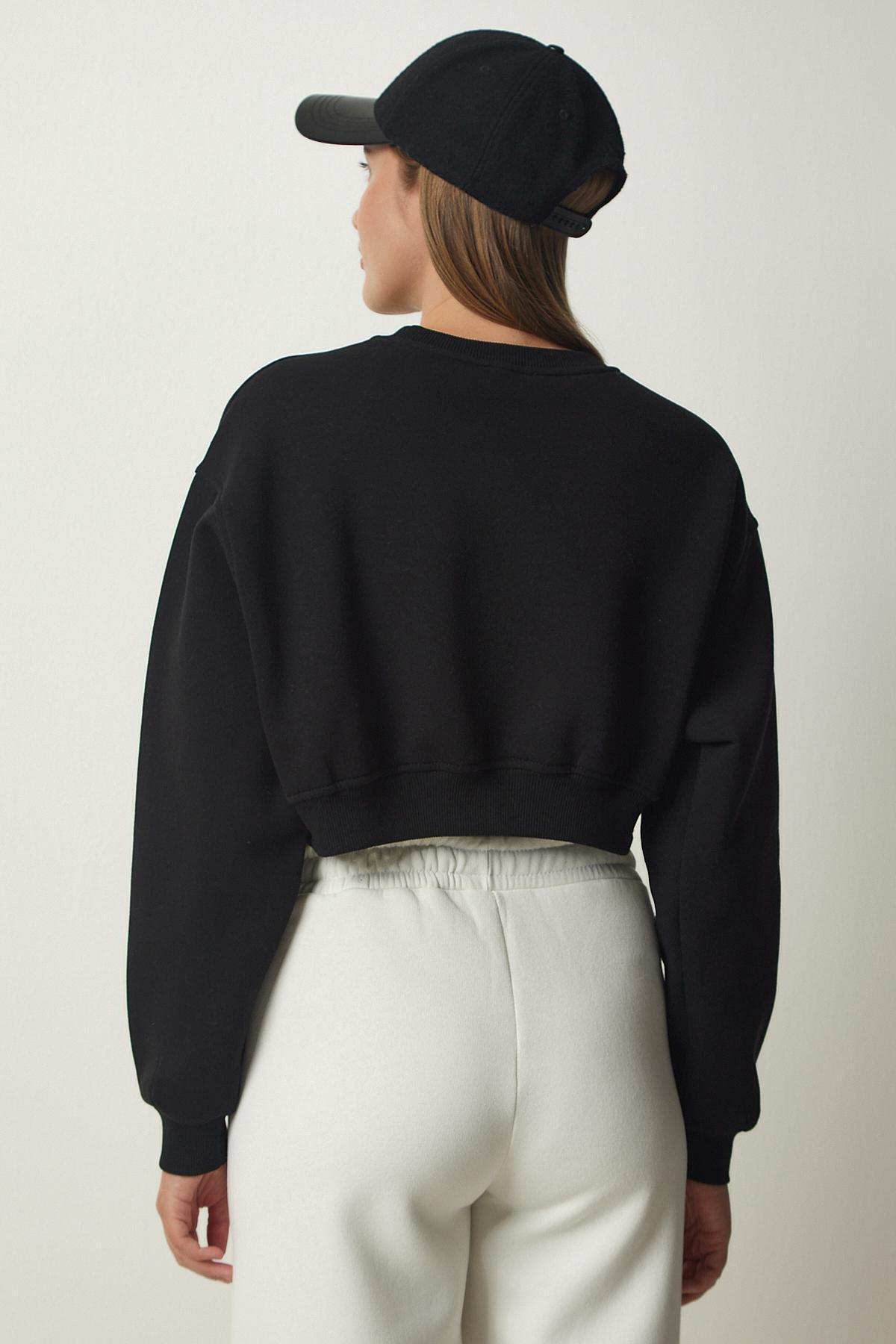 Black Printed Raised Crop Knitted Sweatshirt, , large image number 3
